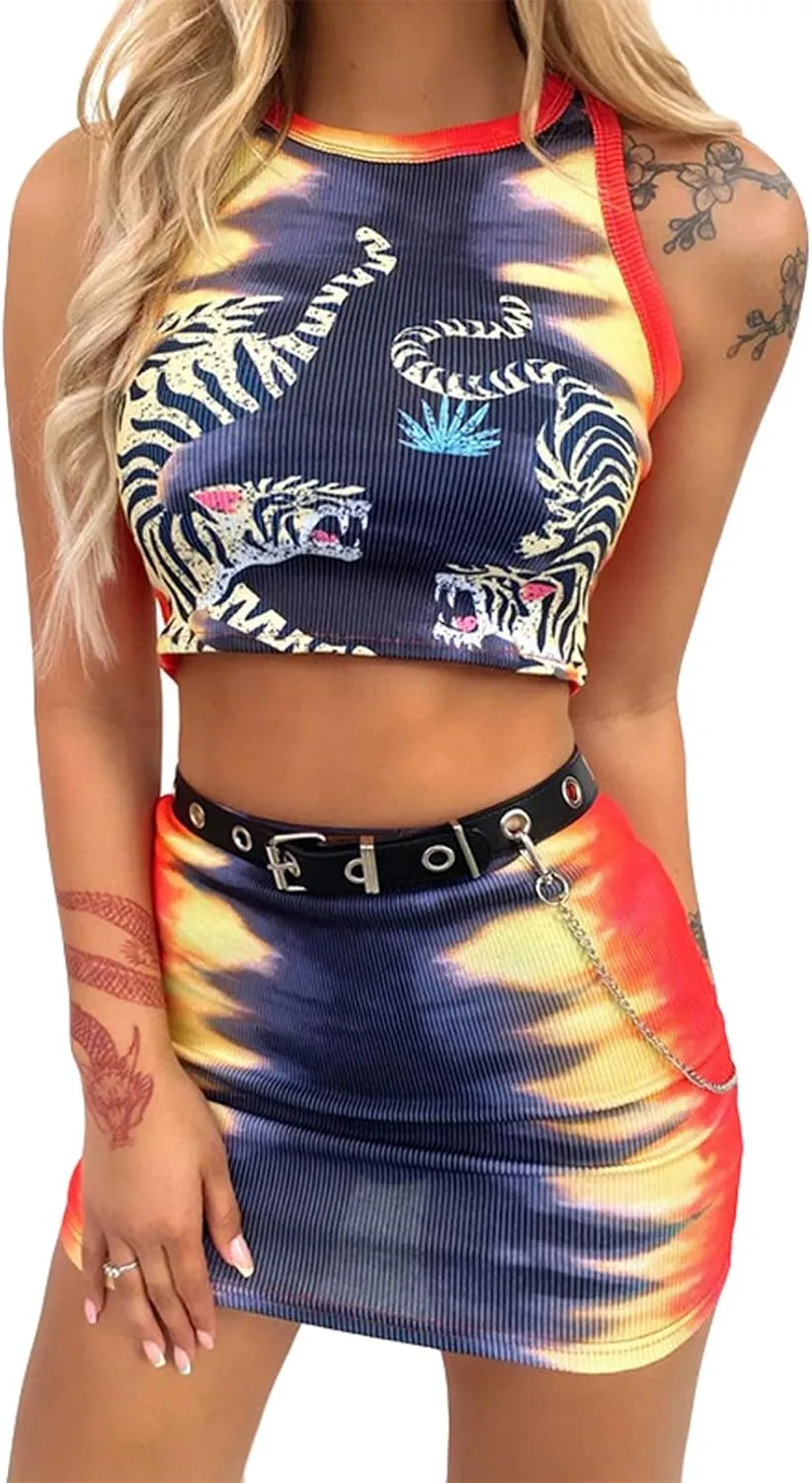 Women Sexy Bodycon Mini Skirt Set Crisscross Halter Cutout Tank Crop Top Two Piece Outfit Bandage Dress Clubwear
