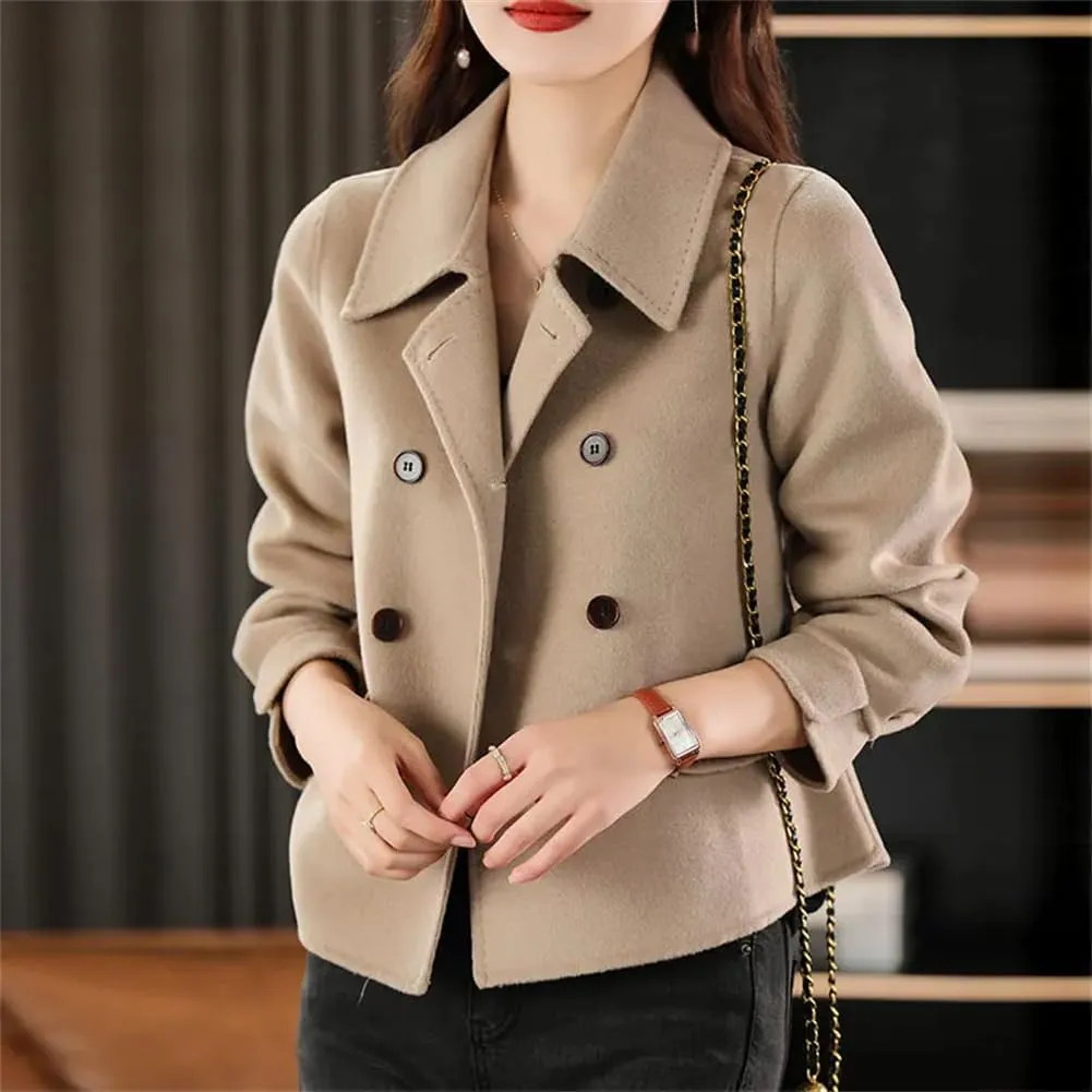 Womens Double Side Unlined Short Trenchcoat Turn Down Collar 100% Wool Classic Pea Coat