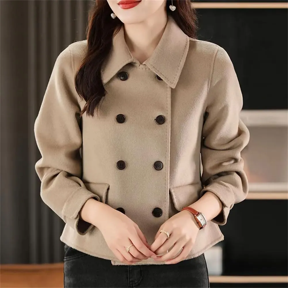 Womens Double Side Unlined Short Trenchcoat Turn Down Collar 100% Wool Classic Pea Coat