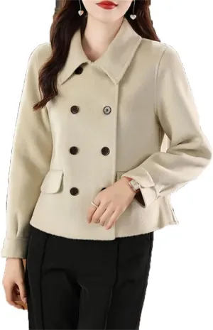 Womens Double Side Unlined Short Trenchcoat Turn Down Collar 100% Wool Classic Pea Coat