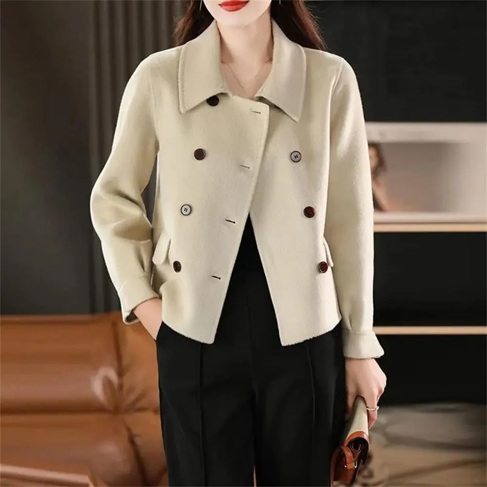 Womens Double Side Unlined Short Trenchcoat Turn Down Collar 100% Wool Classic Pea Coat