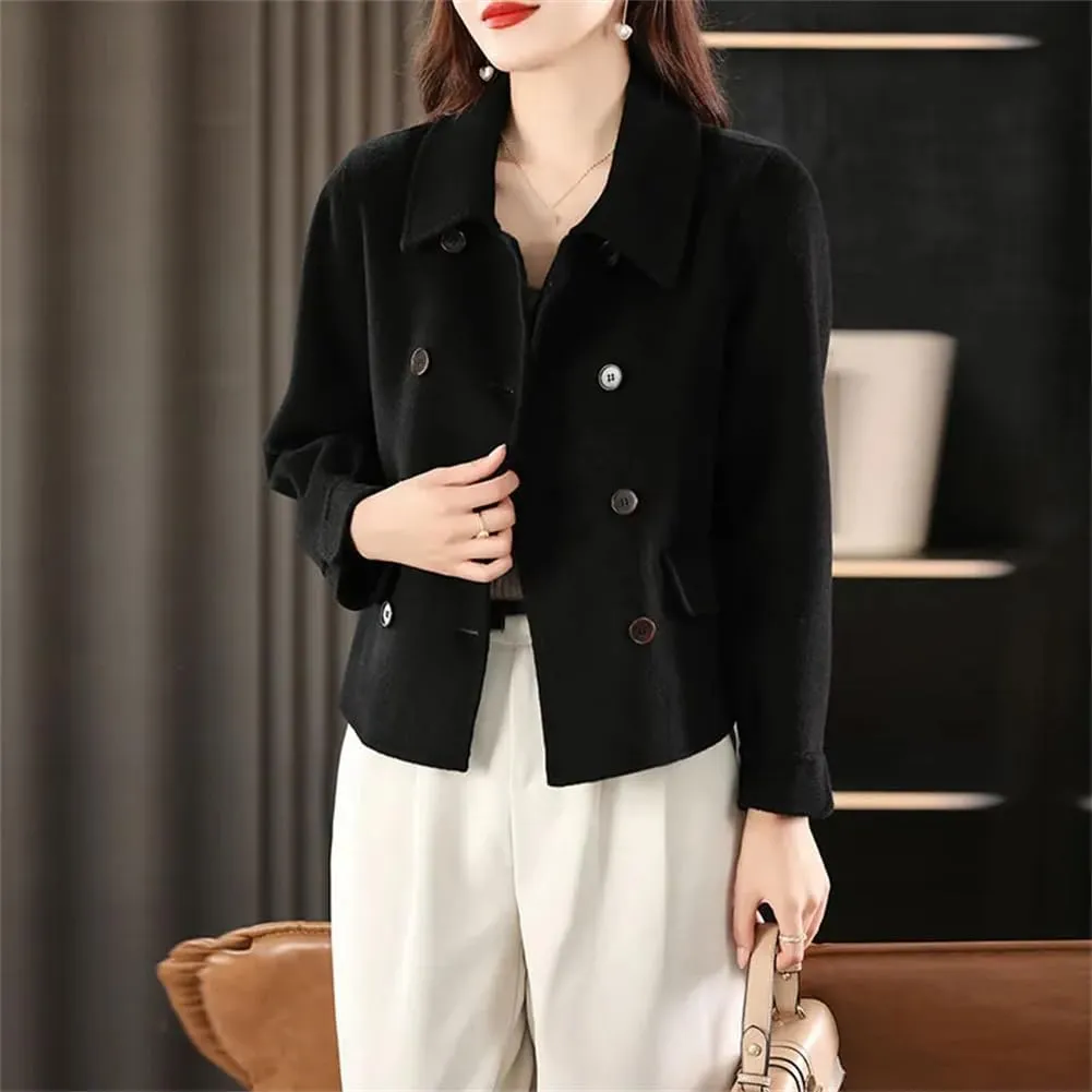 Womens Double Side Unlined Short Trenchcoat Turn Down Collar 100% Wool Classic Pea Coat