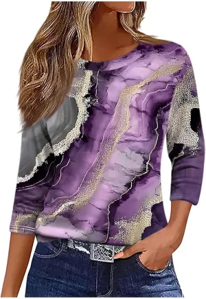 Womens Tops Dressy Casual Crew Neck Pullover 3/4 Sleeve Vintage Print Shirt Plus Size Summer T-Shirts Cotton Blouse