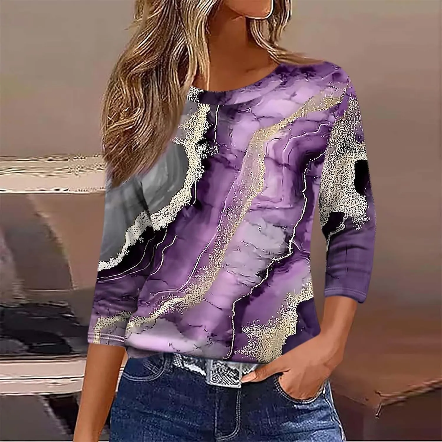 Womens Tops Dressy Casual Crew Neck Pullover 3/4 Sleeve Vintage Print Shirt Plus Size Summer T-Shirts Cotton Blouse